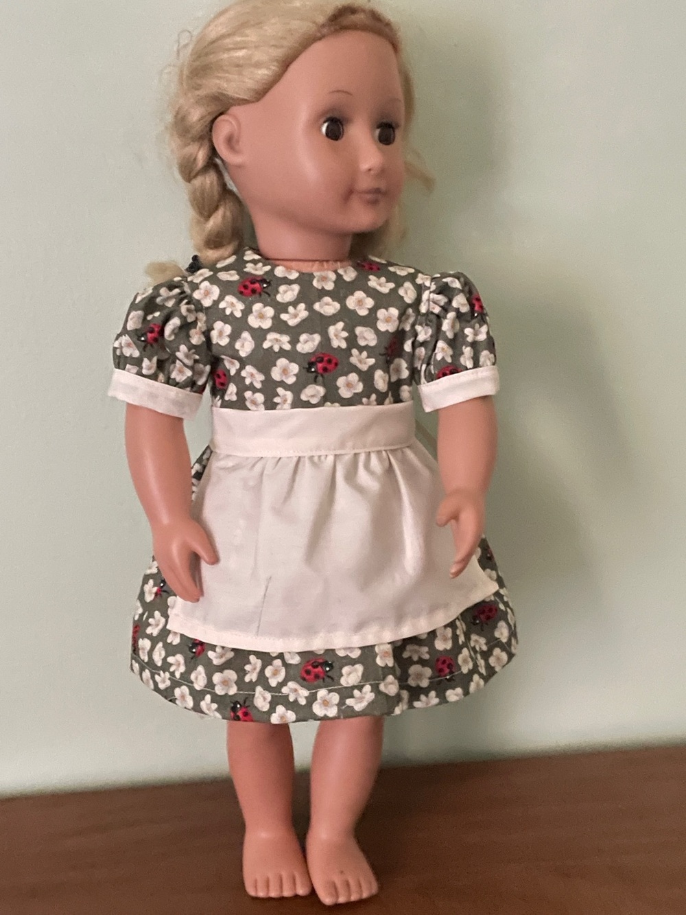 Classic Floral Doll in Green Dress with White Apron